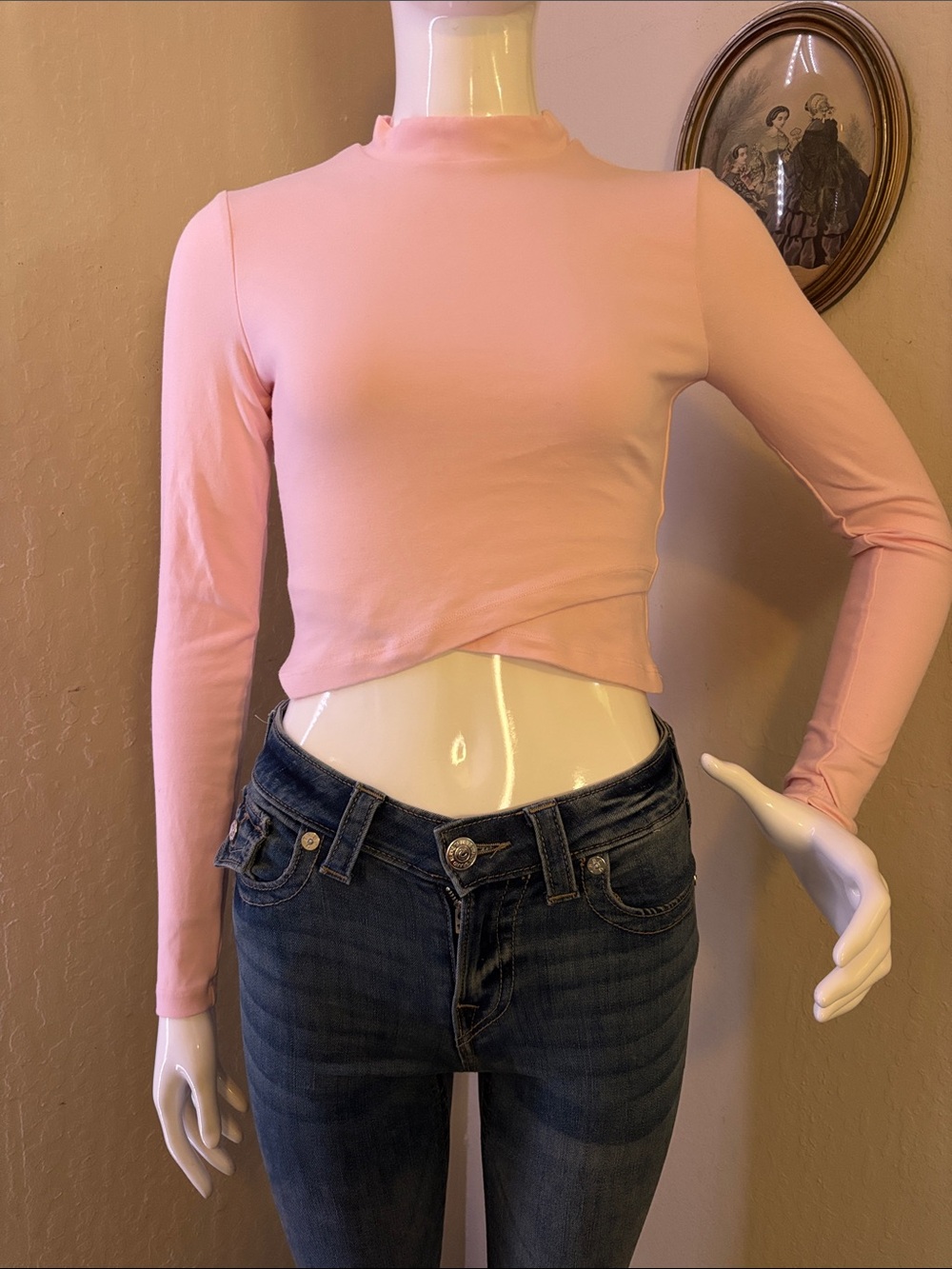 Kookai Baby Pink Long-Sleeve Cropped Top